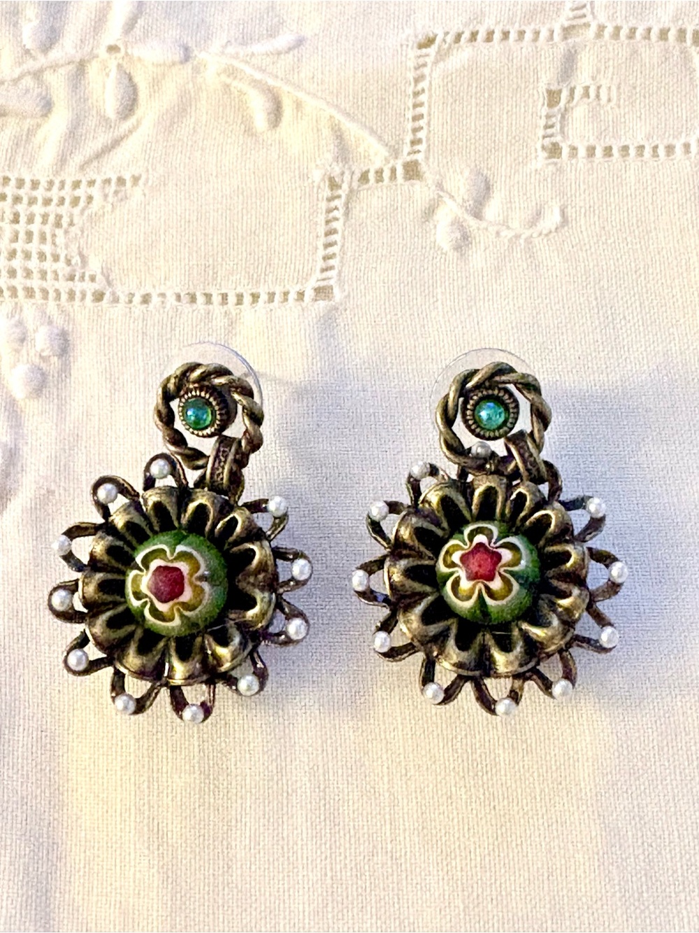Vintage Floral Enamel Drop Earrings in Green and Red Murano Millefiori Flower - Picture 3 of 6